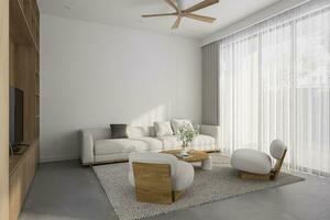 interiör din levande Plats med en minimalism stil, vit och trä- inredning 3d tolkning foto