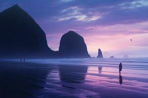 silhuett av en man gående på de strand på solnedgång, kanon strand skymning ensamhet. kväll skymning på höstack sten i kanon strand, oregon som de surfa tvättar upp till de strand, ai genererad foto