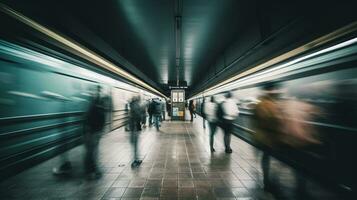 ai generativ människor i tunnelbana. rörelse fläck urban bild foto