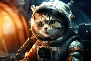 astronaut katt i en rymddräkt. porträtt av en katt i Plats, katt astronaut i en space på en vetenskap fiktion begrepp, ai genererad foto