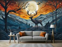 3d abstraktion modern vägg konst dekor tapet med blå och gyllene rådjur djur med solnedgång berg och träd illustration bakgrund generativ ai foto