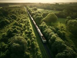 ett antenn se av en tåg godkänd genom en frodig landsbygden generativ ai foto