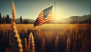 en solbelyst vete fält med ett amerikan flagga flygande i de himmel oberoende dag begrepp generativ ai foto