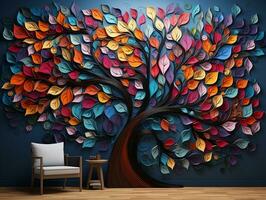 färgrik träd med vibrerande löv hängande grenar illustration bakgrund 3d abstraktion tapet för interiör mural målning vägg konst dekor generativ ai foto