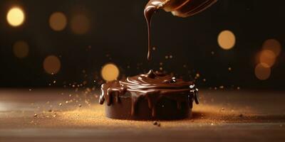 choklad kaka med rik choklad sås lätt regn över Det. skapas med generativ ai teknologi foto