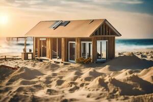 en mycket liten hus på de strand med de hav i de bakgrund. ai-genererad foto