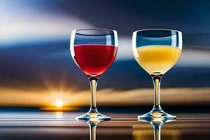 två glasögon av vin med solnedgång i de bakgrund. ai-genererad foto