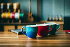 tre färgrik kaffe muggar på en trä- tabell. ai-genererad foto