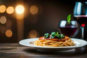 spaghetti med tomat sås och kött på en tallrik. ai-genererad foto