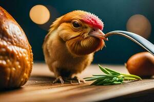 en kyckling äter från en gaffel. ai-genererad foto