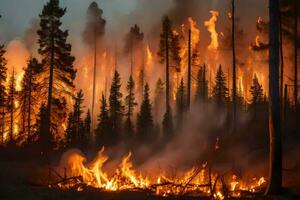 en skog brand i de mitten av en skog. ai-genererad foto