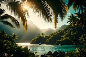 tropisk landskap med handflatan träd och vatten. ai-genererad foto