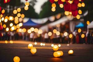 många människor är stående i främre av en folkmassan av människor med röd och vit ballonger. ai-genererad foto