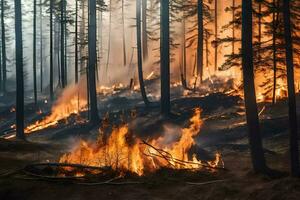 en skog brand i de mitten av en skog. ai-genererad foto