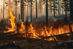 en skog brand är brinnande i de mitten av en skog. ai-genererad foto