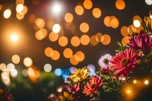 blommor i de mörk med bokeh lampor. ai-genererad foto