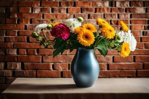 en vas med blommor på en tabell i främre av en tegel vägg. ai-genererad foto