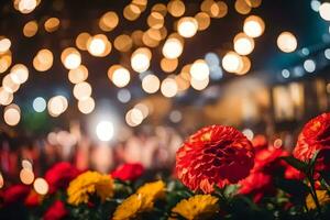 blommor i de natt med bokeh lampor. ai-genererad foto
