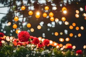 röd blommor i de trädgård med sträng lampor. ai-genererad foto