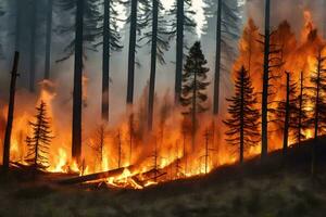 en skog brand är brinnande i de skogen. ai-genererad foto