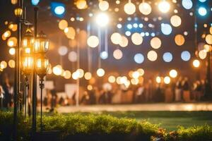 en stor utomhus- händelse med lampor och blommor. ai-genererad foto