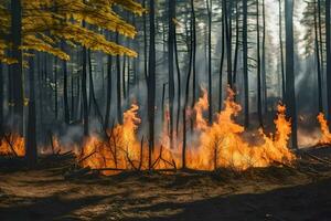 en skog brand i de mitten av en skog. ai-genererad foto