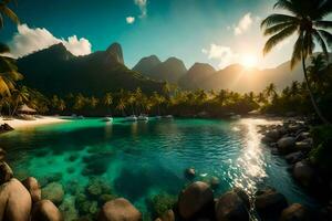 de Sol lyser över en tropisk strand med handflatan träd och rocks. ai-genererad foto