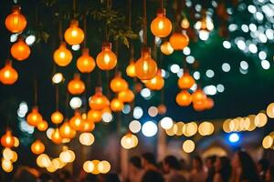 många lampor hängande från träd på en bröllop. ai-genererad foto