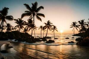 de Sol uppsättningar över de hav och handflatan träd på en strand. ai-genererad foto