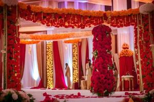 ett indisk bröllop ceremoni med röd och orange dekorationer. ai-genererad foto