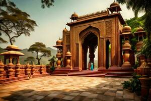 en skön tempel i Indien med en kvinna stående i främre av Det. ai-genererad foto