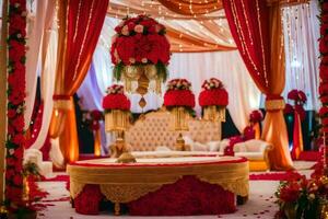ett indisk bröllop ceremoni med röd och guld dekorationer. ai-genererad foto