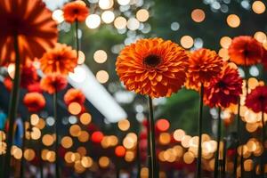 orange blommor i främre av en ljus ljus. ai-genererad foto
