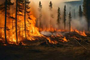 en skog brand i de berg. ai-genererad foto