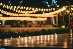en bröllop reception tabell med ljus och blommor. ai-genererad foto