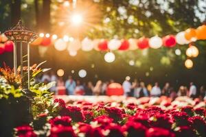 en trädgård med röd blommor och lyktor. ai-genererad foto