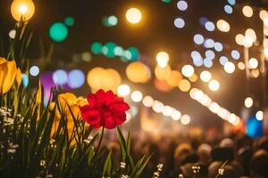 blommor i främre av en folkmassan på natt. ai-genererad foto