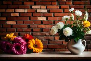blommor i en vas på en tabell i främre av en tegel vägg. ai-genererad foto