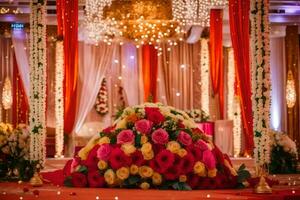 ett indisk bröllop ceremoni med röd och rosa blommor. ai-genererad foto