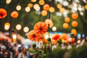 orange blommor i de mitten av en folkmassan. ai-genererad foto