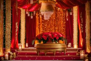 indisk bröllop ceremoni med röd och guld dekor. ai-genererad foto