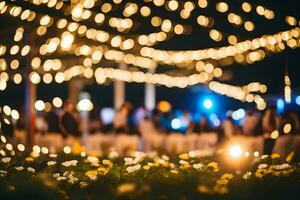 en bröllop reception med lampor och blommor. ai-genererad foto