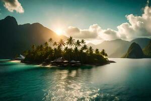 de Sol lyser över en tropisk ö med handflatan träd. ai-genererad foto