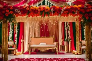 ett indisk bröllop ceremoni med röd och guld dekorationer. ai-genererad foto