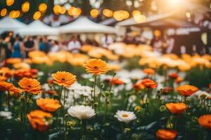 orange blommor i en fält på solnedgång. ai-genererad foto