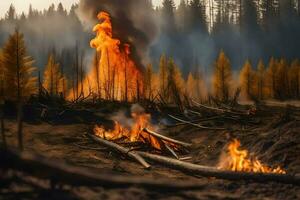 en skog brand i de mitten av en skog. ai-genererad foto