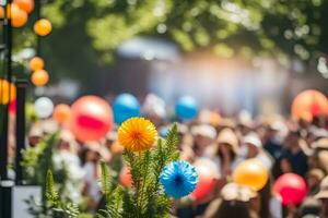 många människor är gående i en folkmassan med färgrik ballonger. ai-genererad foto