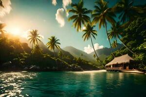 de tropisk ö med handflatan träd och en hydda. ai-genererad foto