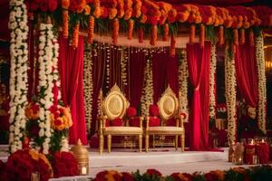 indisk bröllop ceremoni med röd och guld dekor. ai-genererad foto