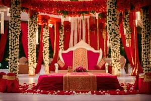 en röd och rosa bröllop ceremoni med en röd och guld dekor. ai-genererad foto
